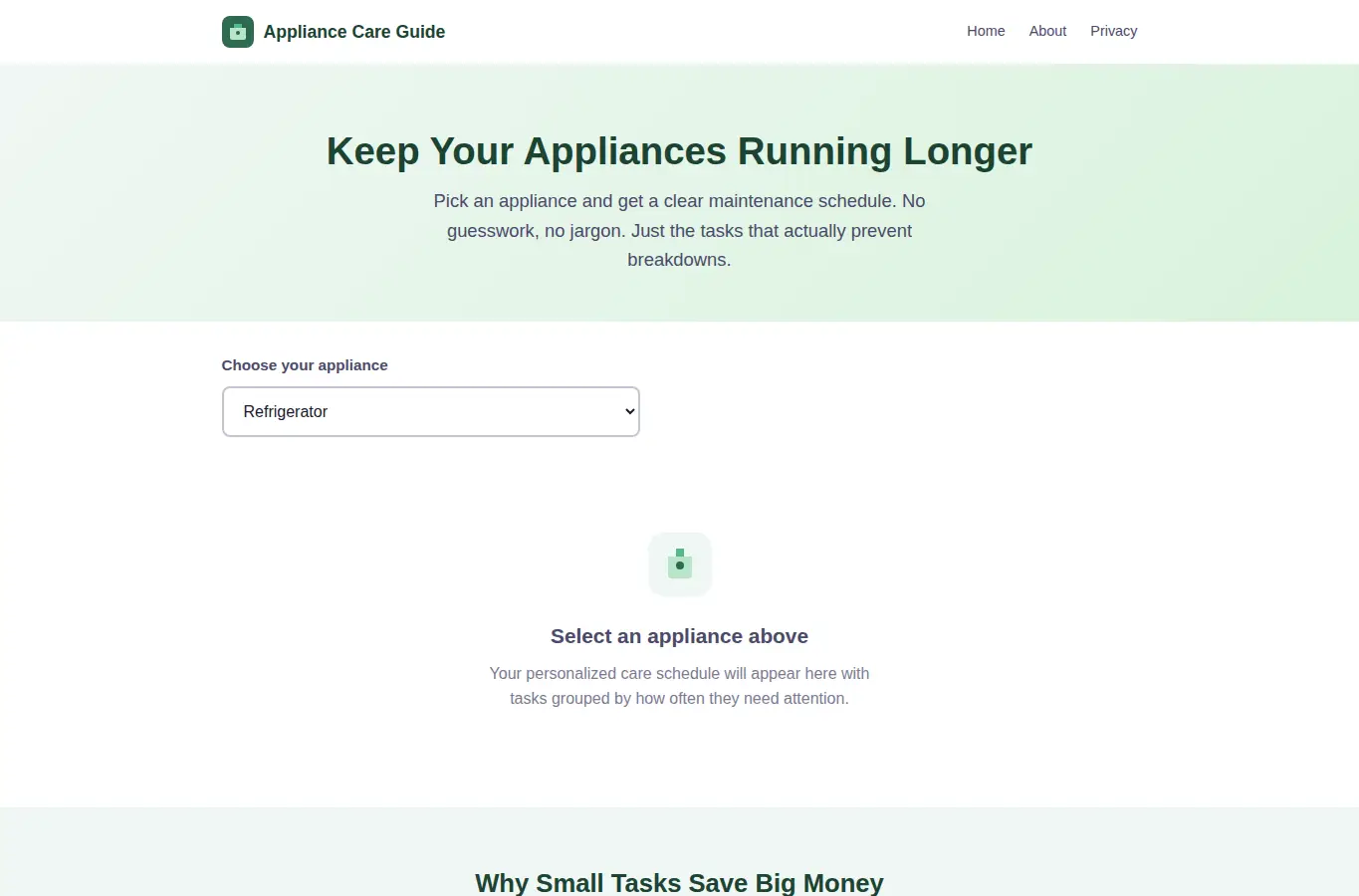 Screenshot of Appliance Longevity Care Guide interface showing the project page in use
